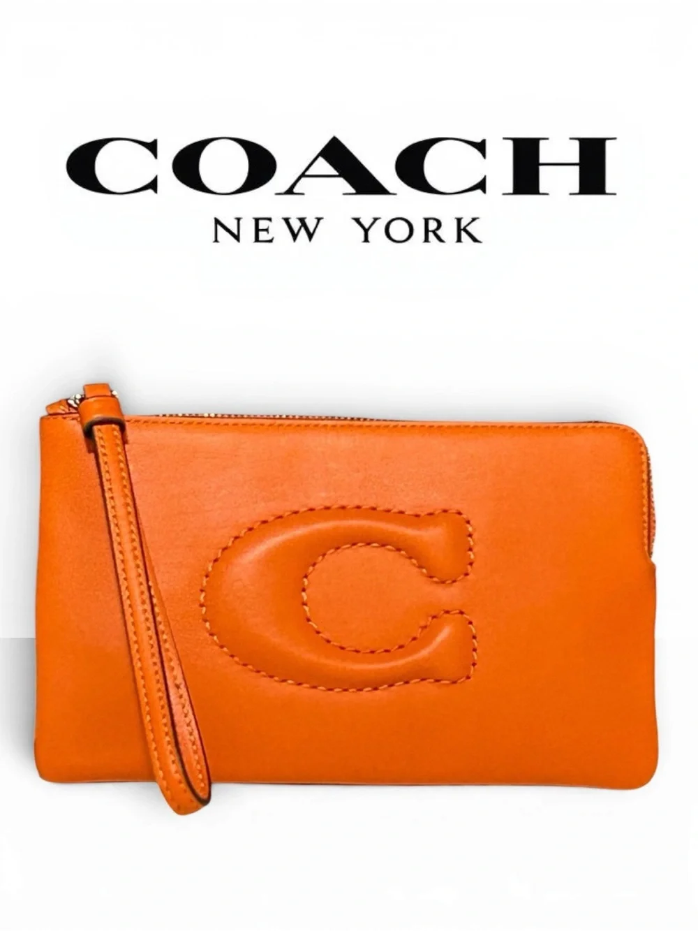 COACH Debossed Sculpted C Smooth Leather Large Corner Zip Wristlet inDark Orange